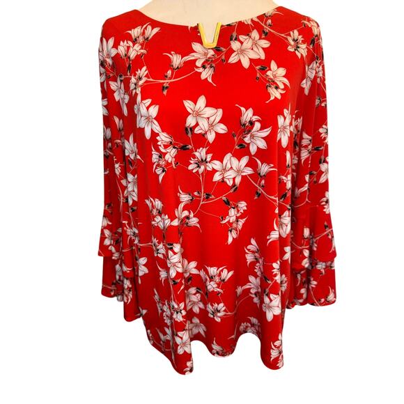 Calvin Klein Red floral print 3/4 bell sleeve ruffled  blouse size LARGE - Picture 8 of 10